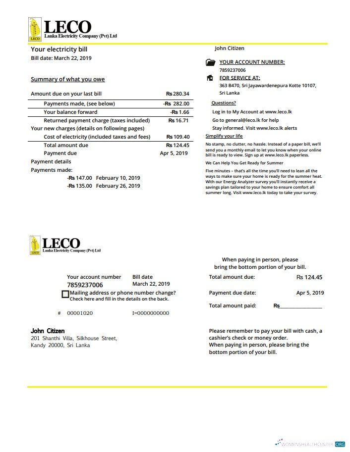 download Sri Lanka LECO Company electricity utility bill template in Word and PDF format PDF template